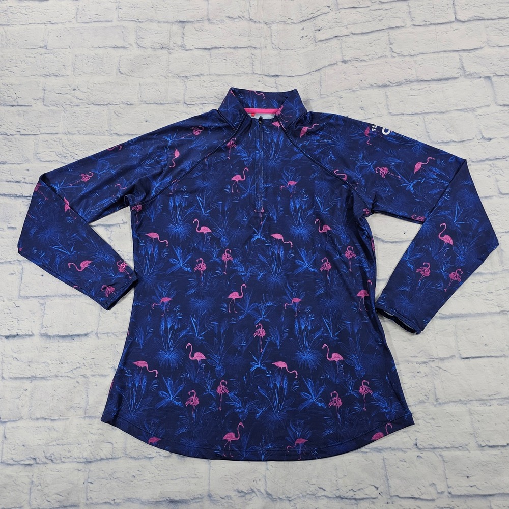 Scales Performance Top WOMENS L Navy Flamingo Tropical Quarter Zip Thumbholes